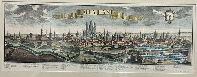 Antique “MEYLAND” Panoramic City View Engraving Hand Colored European Landscape Print, Framed