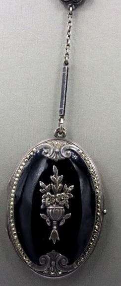 Vintage 925 sterling silver black onyx photo locket pendant lariat necklace