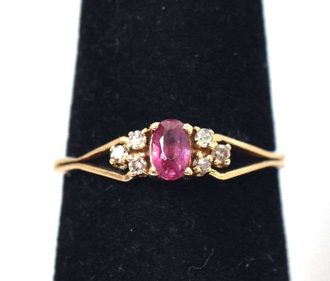 Dainty 10K Yellow Gold Ruby Gemstone Ring with Diamond Accents