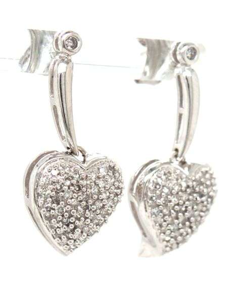 14kt White gold Pave diamond heart dangle earrings
