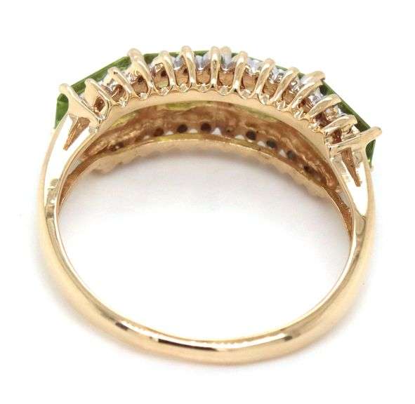 14kt Yellow gold East West emerald cut peridot and diamond 4 stone ring