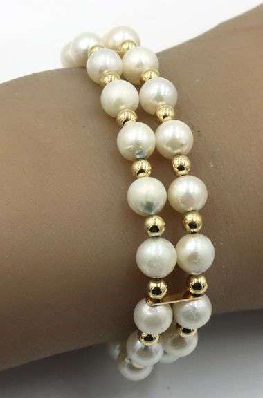 6.5-7mm pearl and gold bead 2 row bracelet