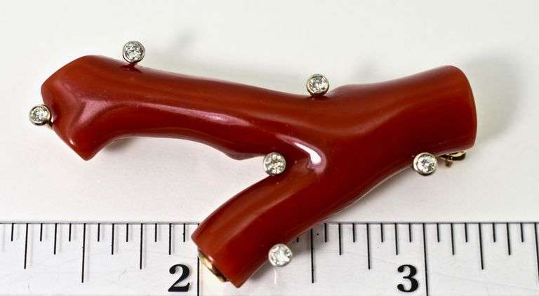 Unique 14K Ox Blood Coral and Diamond Brooch