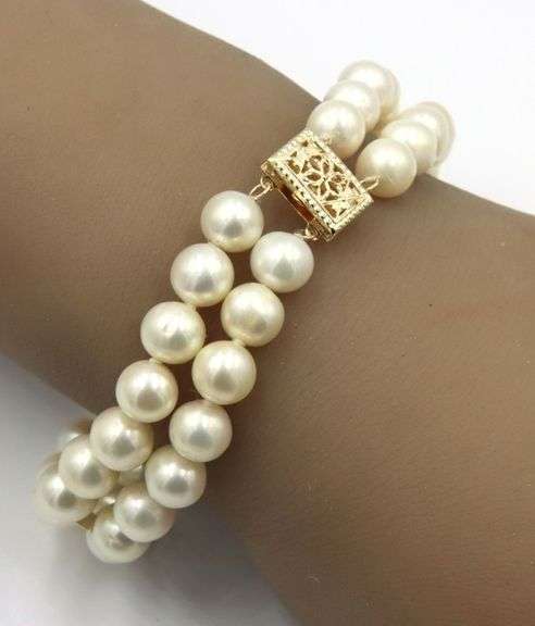 Double row 8mm pearl bracelet in 14kt yellow gold
