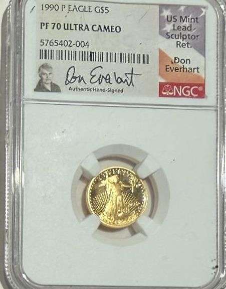 1990 P Gold Proof Ultra Cameo $5 Everhart Signedhart
