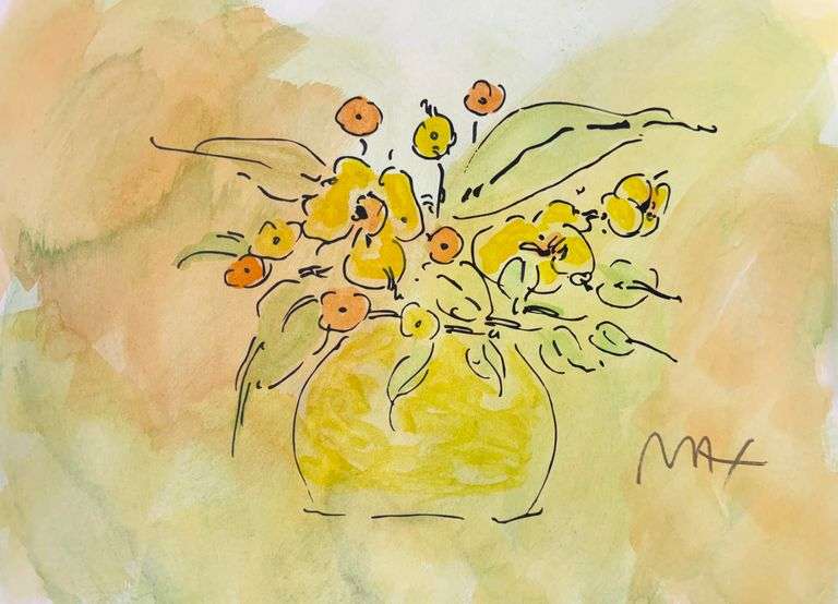 Rare Peter Max Original Mixed Media with Watercolor 'Flower Vase', c. 1989