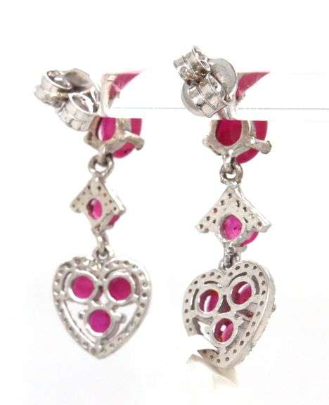 Charming Heart Shaped 4.9CTW Ruby & Diamond Dangle Earrings in Sterling Silver