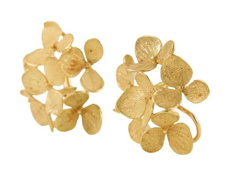 John Iversen Six Part Large Hydrangea Clip On Earrings in 18K
