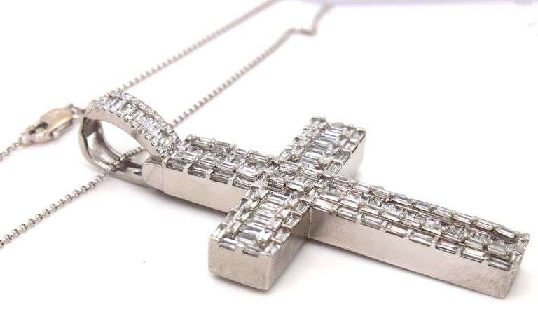 14kt White gold 7.35ctw baguette and round cut diamond cross pendant