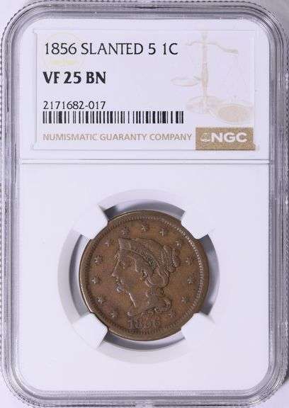 1856 Braided Hair Large Cent Slanted 5 Variety NGC VF-25 BN Better Date U.S. Copper