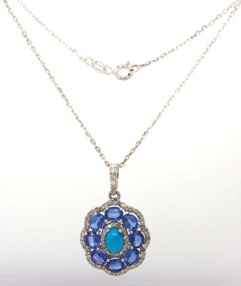 Charming 3.50CTW Kyanite, Diamond & Turquoise Pendant Necklace in Sterling Silver
