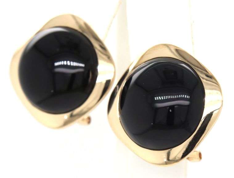 14kt Yellow gold black onyx in cushion frame omega backs earrings
