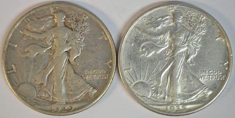 Sharp XF45 1929-D & lustrous AU 1935-D Walking Liberty Half Dollars