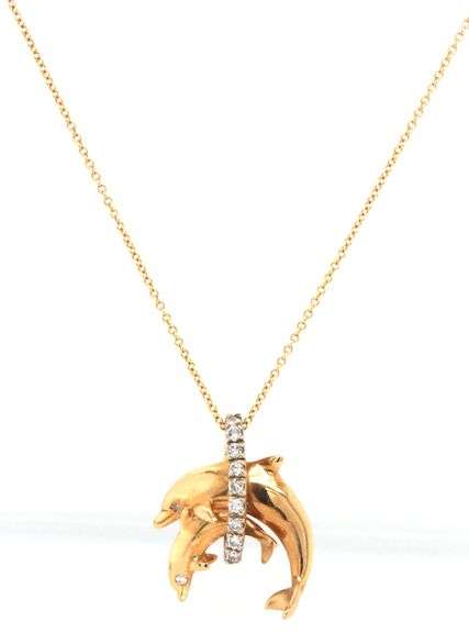 14kt Yellow gold 0.20ctw diamond double dolphin Jumping on hoop pendant on chain