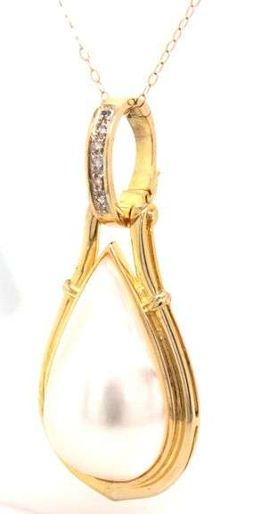 14kt Yellow gold teardrop Mabe pearl and diamond accent enhancer pendant on chain