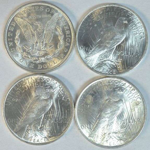 Flashy-white BU 1921 Morgan and 1922 to 1924 Peace Dollars. 4pcs