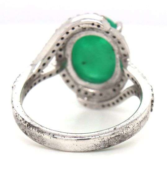 Sensational 4.50CTS Oval Cabochon-Cut Jade & 0.47CTW Diamond Ring in Sterling Silver