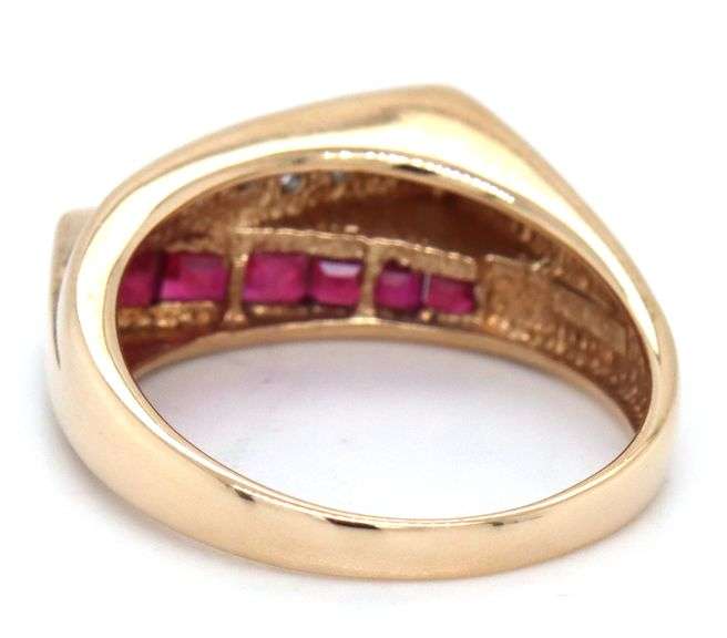 14kt Yellow gold square ruby and diamond bypass ring
