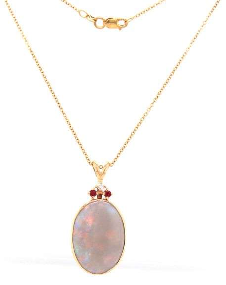 14kt Yellow gold oval opal, ruby and diamond accent pendant on chain