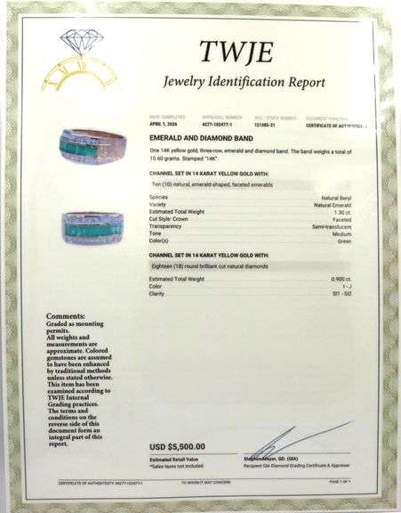 14kt Yellow gold emerald and diamond three row ring