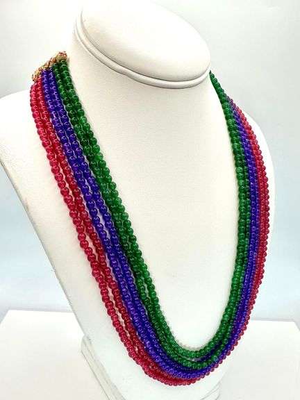 Stunning  397 Cttw 6 Strand Natural Ruby Emerald Sapphire Necklace