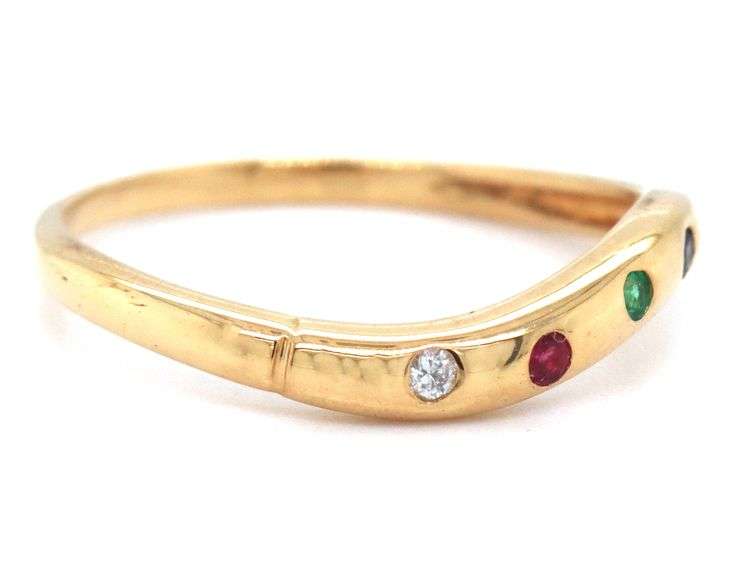 18kt Yellow gold Scatter ruby, sapphire, emerald and diamond curved band