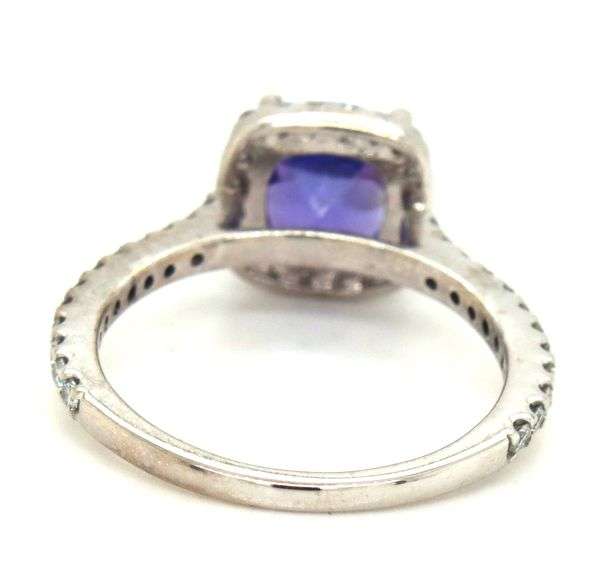 14kt White gold cushion cut Tanzanite and diamond halo ring