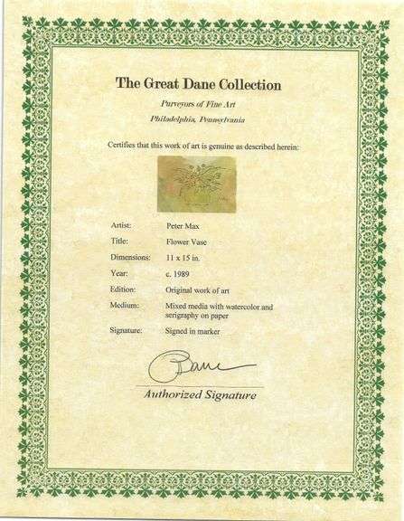 Rare Peter Max Original Mixed Media with Watercolor 'Flower Vase', c. 1989