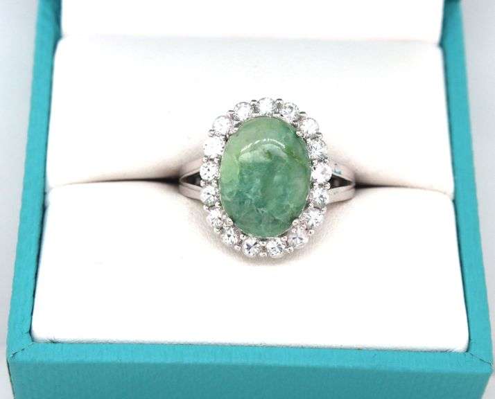 Enamoring 7.44CTW Oval Cabochon-Cut Natural Emerald & 1.39CTW White Sapphire Halo Ring in Sterling S