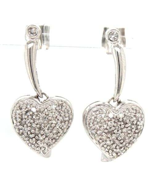14kt White gold Pave diamond heart dangle earrings