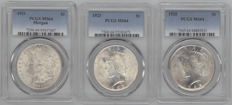 Near Gem BU 1921 Morgan & 1923 & 1925 Peace Silver Dollars. PCGS MS64's