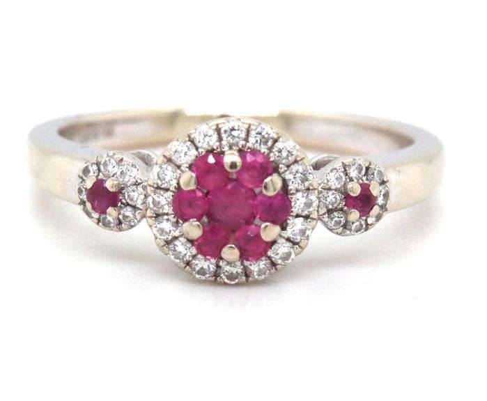Sweet 14K WG Ruby & Diamond Cluster Ring