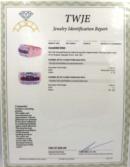 14kt Rose gold fancy dark brown diamond and white diamond triple row ring