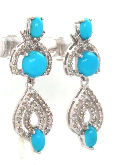 Adorable 2.5CTW Oval & Round Cabochon-Cut Turquoise and Diamond Dangle Earrings in Sterling Silver