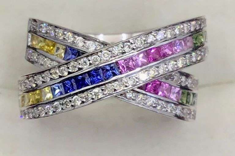 DRAMATIC 14K WHITE GOLD PRINCESS CUT RAINBOW SAPPHIRE AND DIAMOND RING