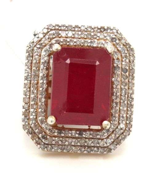 Gorgeous Massive 13.20CTS Emerald-Cut Ruby & 1.10CTW Diamond Ring in Sterling Silver