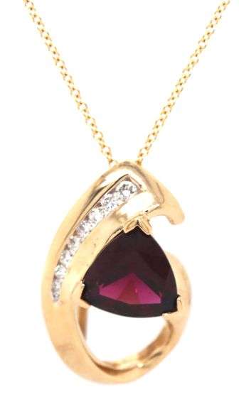 14kt Yellow gold Trillion garnet and channel set diamond slide pendant on chain