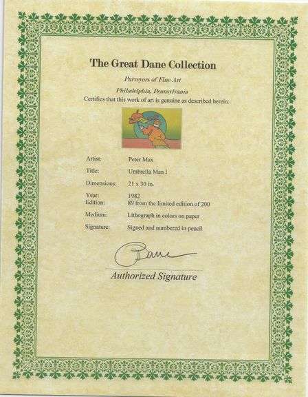 Limited Edition Peter Max 'Umbrella Man I' Signed Serigraph Framed
