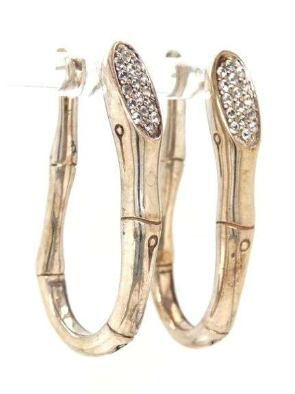925 Sterling silver John Hardy 2 bamboos white sapphire huggie earrings