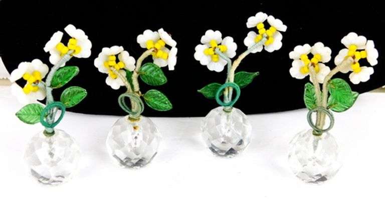 4 Early Czech Glass Flower Place Card Holders
