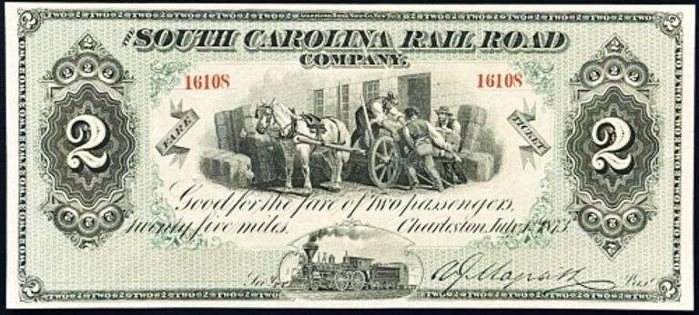Superb Crisp 1873 $2 Note South Carolina Railroad Company!