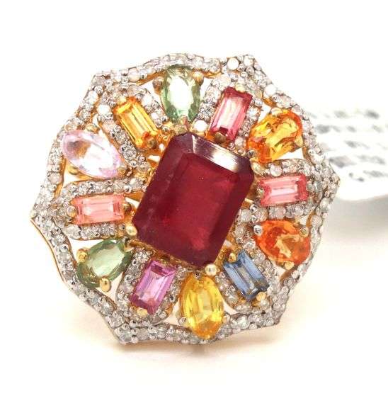 Fantastic 12.55CTS Emerald-Cut Ruby, 9.30CTW Multi-Colored Tourmaline & 2.80CTW Diamond Ring in 14K 