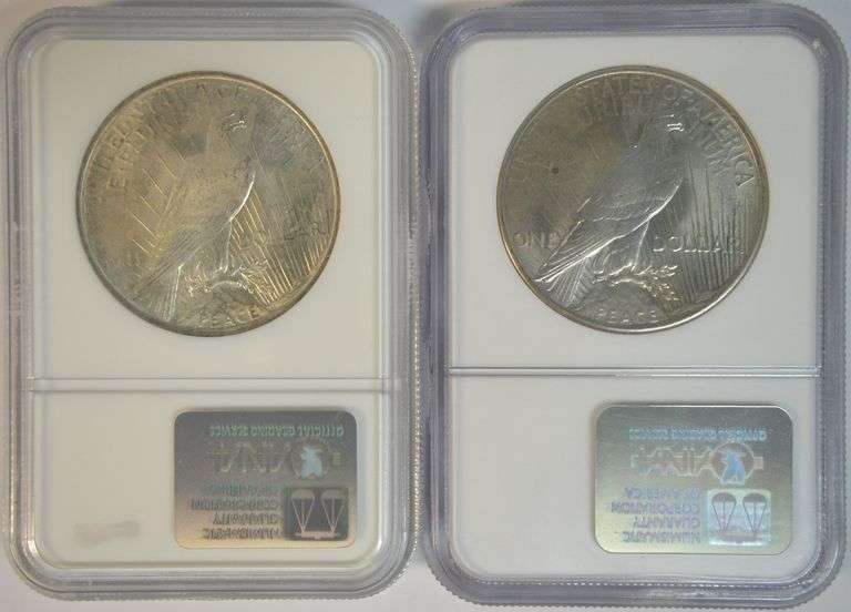 Near Gem BU 1923 & 1925 Peace Silver Dollars. Old NGC MS64