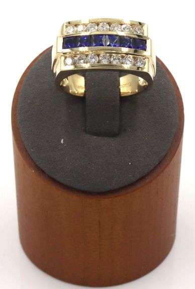 14kt Yellow gold blue sapphire and diamond men's ring