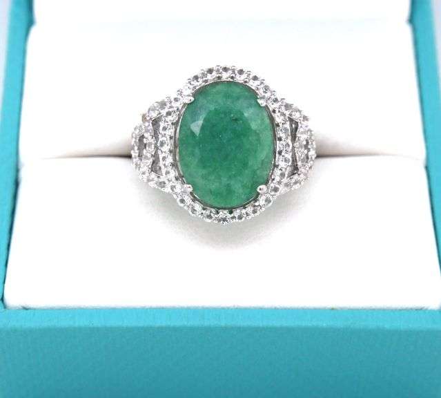 Darling 8.63CTS Oval Faceted Natural Emerald & 1.22 White Sapphire Ring in Sterling Silver