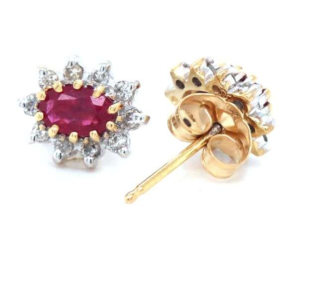 14kt Yellow gold oval ruby and diamond stud earrings