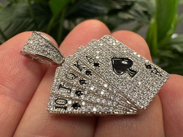 Rhodium Plated 925 Sterling Silver CZ Royal Flush Hip Hop Pendant Ace of Spades