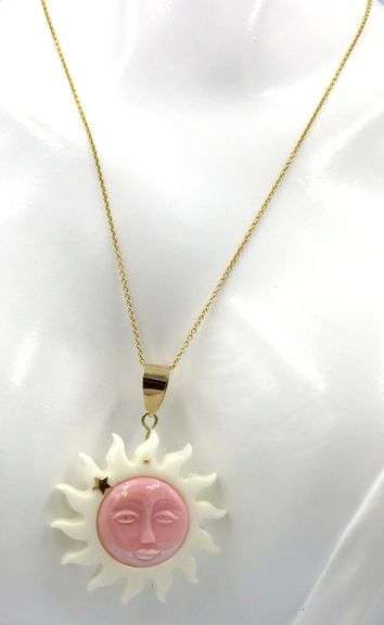 14kt Yellow gold Smiling white and pink sun pendant on chain