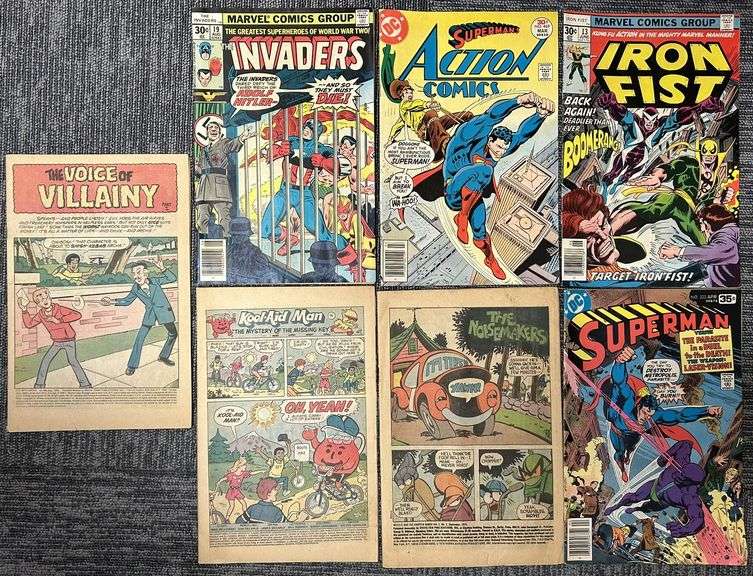Vintage Comic Book & Comic Page Lot – Marvel/DC Bronze Age (Invaders #19, Superman Action, Iron Fist