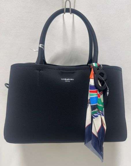 Stylish Black Tote Bag With Decorative Scarf, by David Jones, Paris